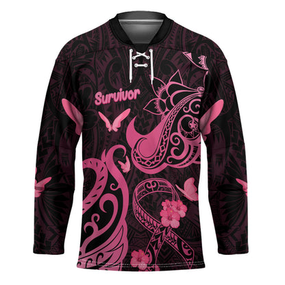 Breast Cancer Hockey Jersey Ribbon Polynesian Pattern Black Version