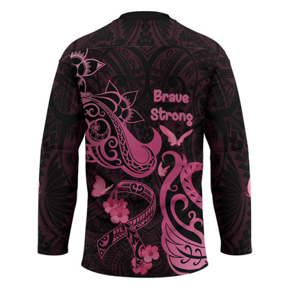 Breast Cancer Hockey Jersey Ribbon Polynesian Pattern Black Version