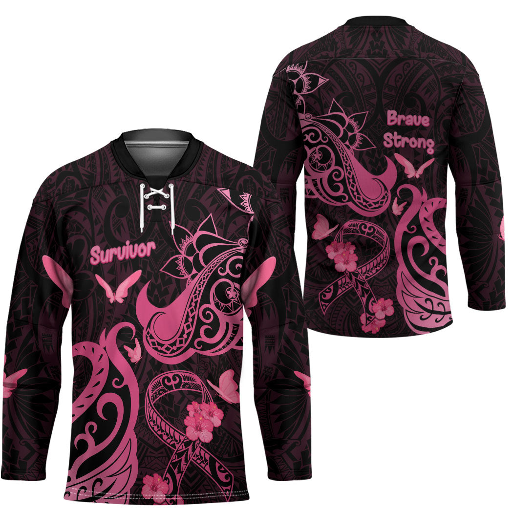 Breast Cancer Hockey Jersey Ribbon Polynesian Pattern Black Version