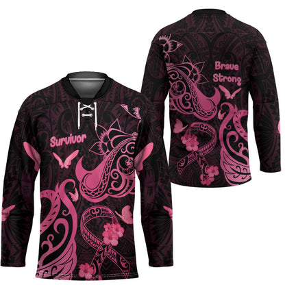 Breast Cancer Hockey Jersey Ribbon Polynesian Pattern Black Version