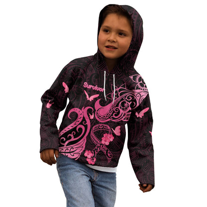 Breast Cancer Kid Hoodie Ribbon Polynesian Pattern Black Version