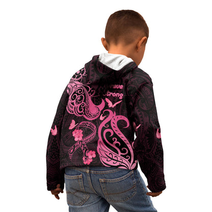 Breast Cancer Kid Hoodie Ribbon Polynesian Pattern Black Version