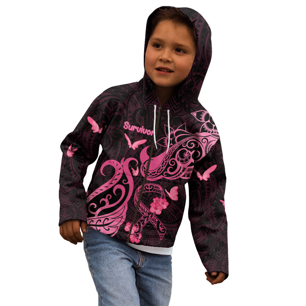 Breast Cancer Kid Hoodie Ribbon Polynesian Pattern Black Version