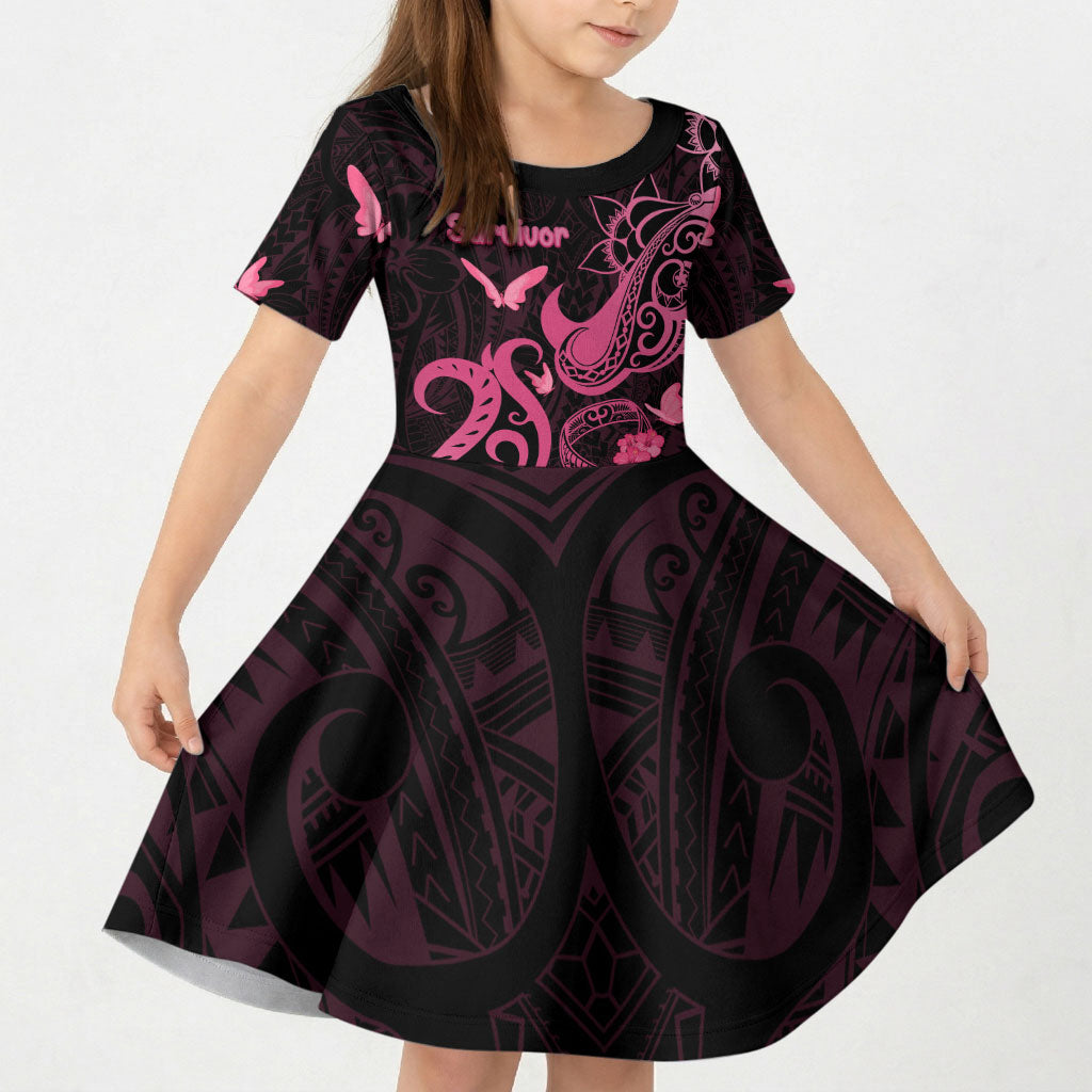 Breast Cancer Kid Short Sleeve Dress Ribbon Polynesian Pattern Black Version