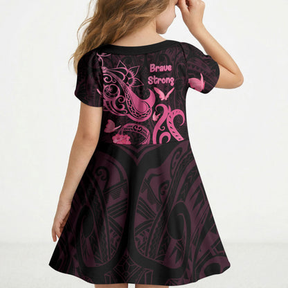 Breast Cancer Kid Short Sleeve Dress Ribbon Polynesian Pattern Black Version