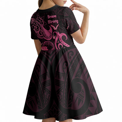 Breast Cancer Kid Short Sleeve Dress Ribbon Polynesian Pattern Black Version