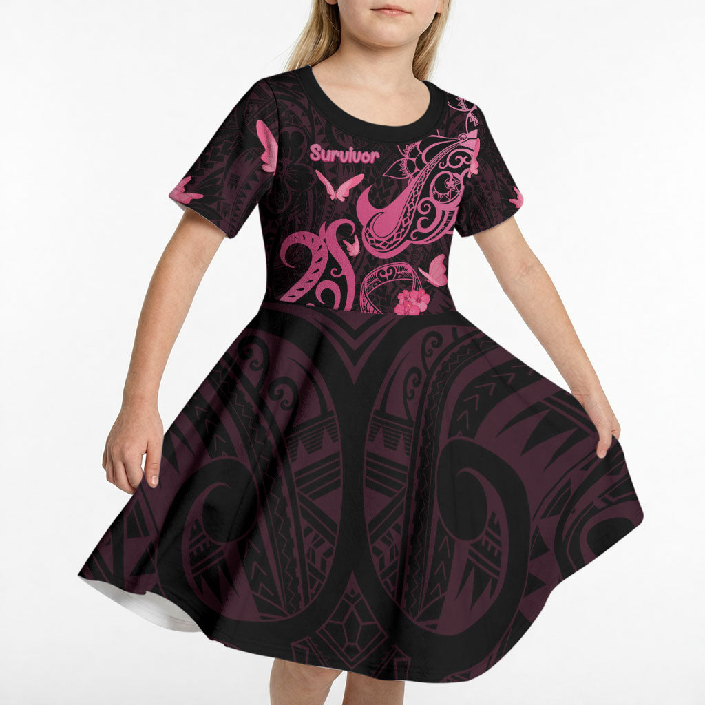Breast Cancer Kid Short Sleeve Dress Ribbon Polynesian Pattern Black Version