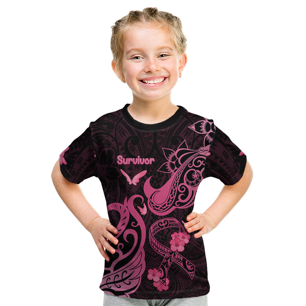 Breast Cancer Kid T Shirt Ribbon Polynesian Pattern Black Version