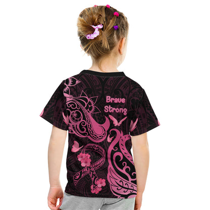 Breast Cancer Kid T Shirt Ribbon Polynesian Pattern Black Version