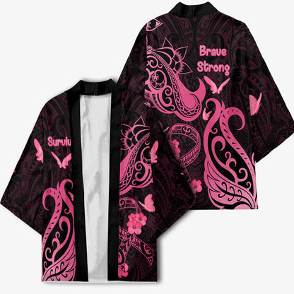 Breast Cancer Kimono Ribbon Polynesian Pattern Black Version