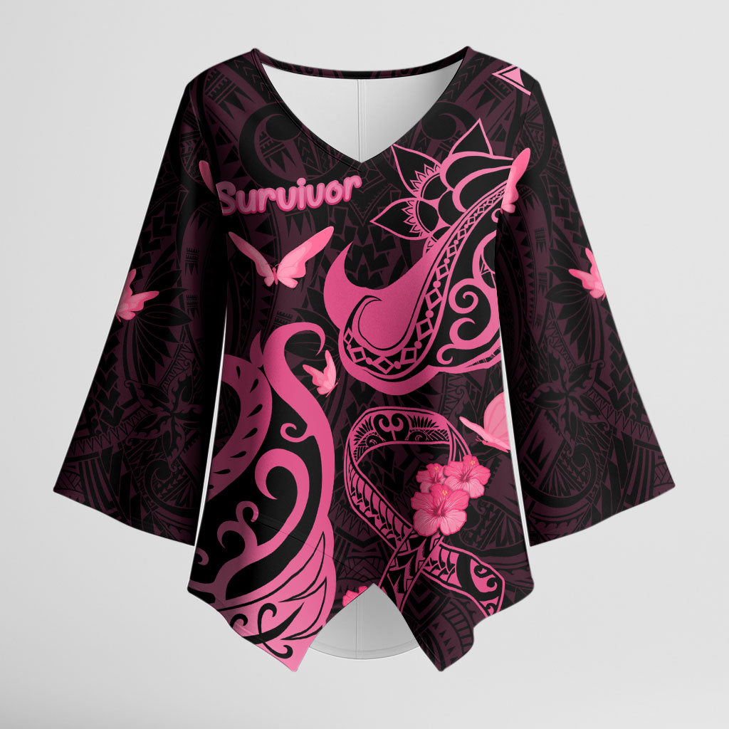 Breast Cancer Kimono Sleeve Blouse Ribbon Polynesian Pattern Black Version