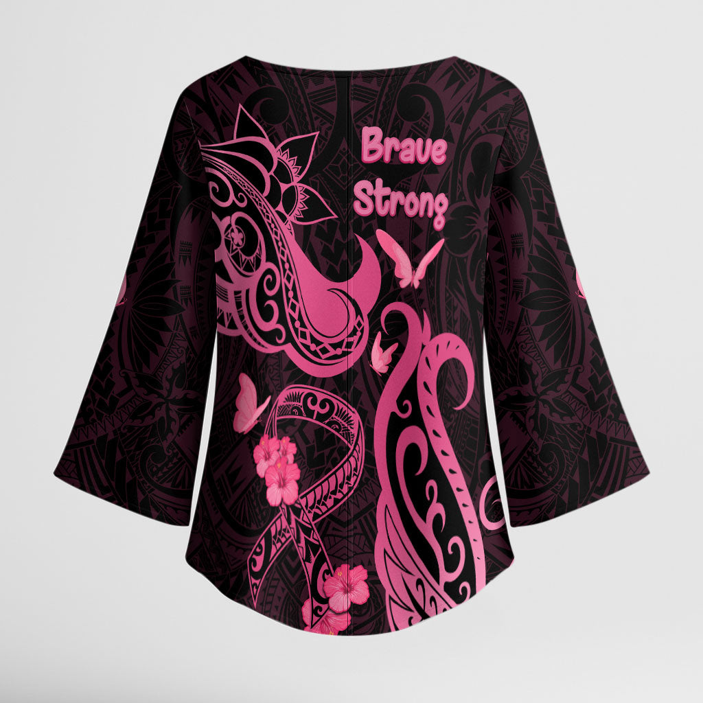 Breast Cancer Kimono Sleeve Blouse Ribbon Polynesian Pattern Black Version