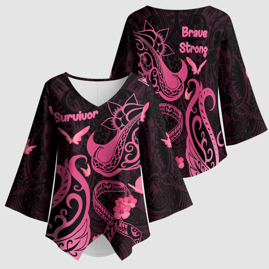 Breast Cancer Kimono Sleeve Blouse Ribbon Polynesian Pattern Black Version