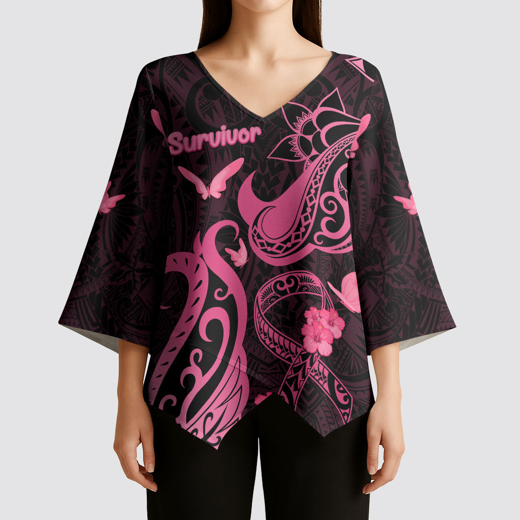 Breast Cancer Kimono Sleeve Blouse Ribbon Polynesian Pattern Black Version