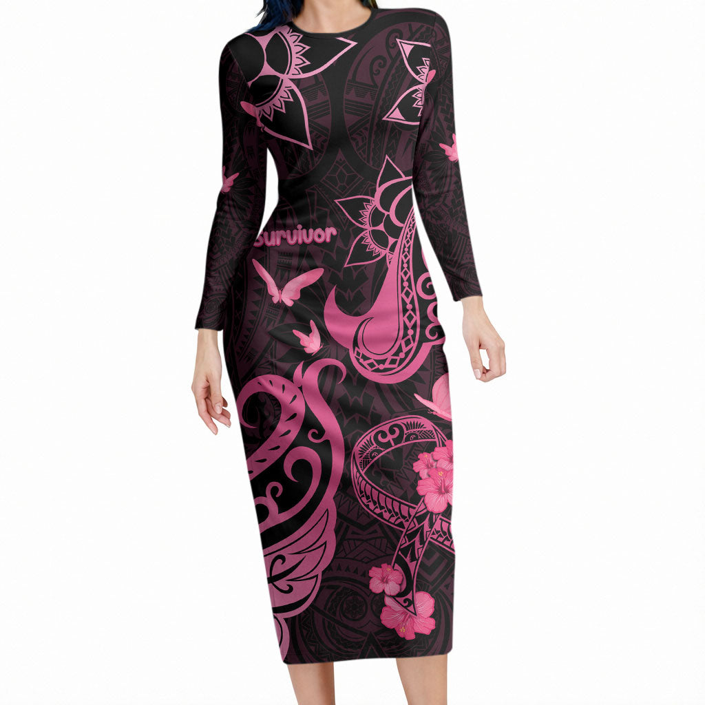 Breast Cancer Long Sleeve Bodycon Dress Ribbon Polynesian Pattern Black Version