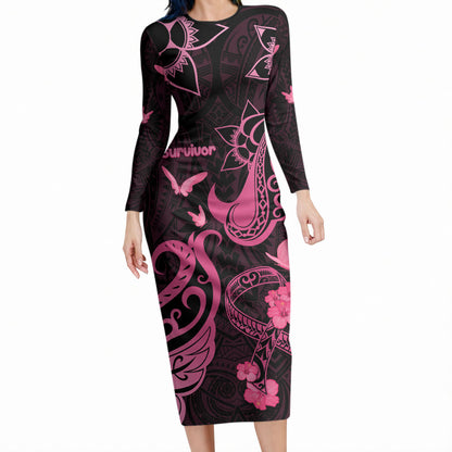 Breast Cancer Long Sleeve Bodycon Dress Ribbon Polynesian Pattern Black Version