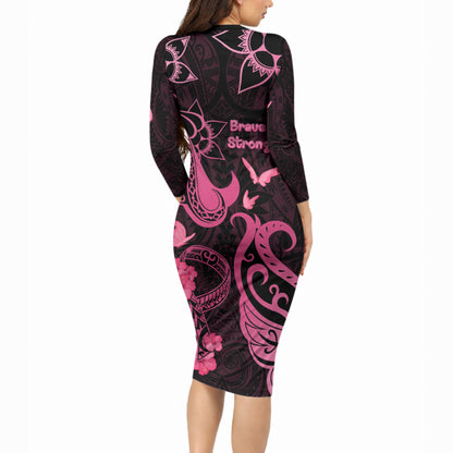Breast Cancer Long Sleeve Bodycon Dress Ribbon Polynesian Pattern Black Version