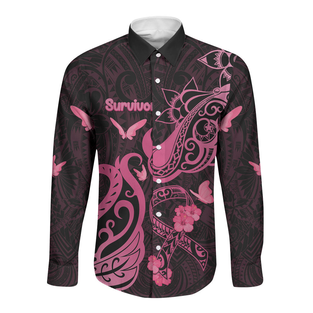 Breast Cancer Long Sleeve Button Shirt Ribbon Polynesian Pattern Black Version