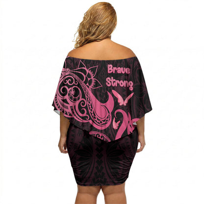 Breast Cancer Off Shoulder Short Dress Ribbon Polynesian Pattern Black Version