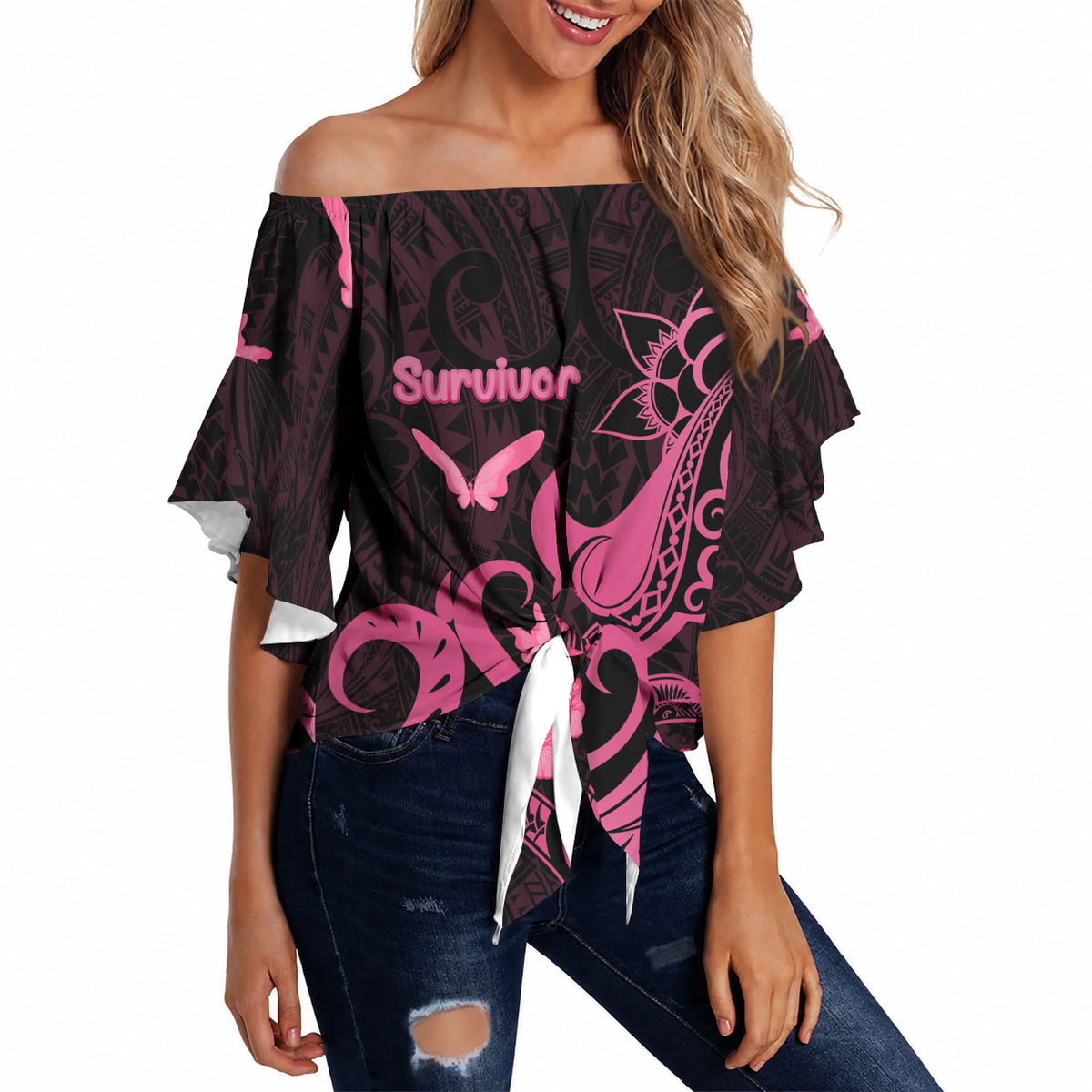 Breast Cancer Off Shoulder Wrap Waist Top Ribbon Polynesian Pattern Black Version