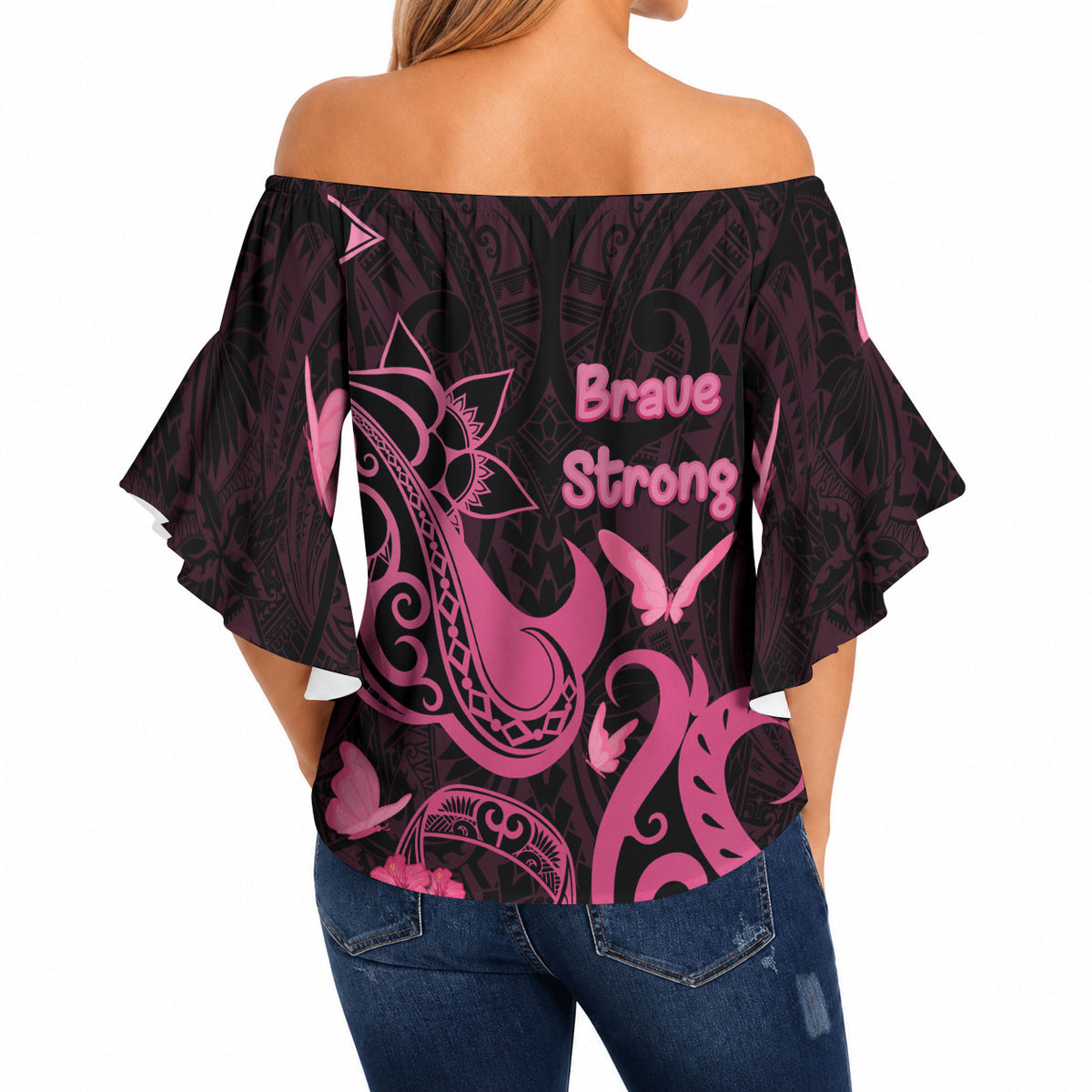 Breast Cancer Off Shoulder Wrap Waist Top Ribbon Polynesian Pattern Black Version