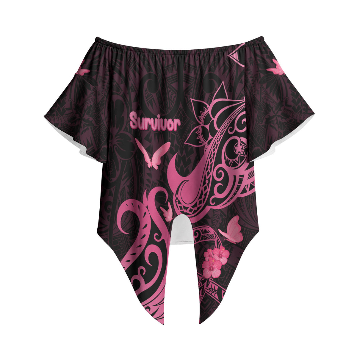 Breast Cancer Off Shoulder Wrap Waist Top Ribbon Polynesian Pattern Black Version