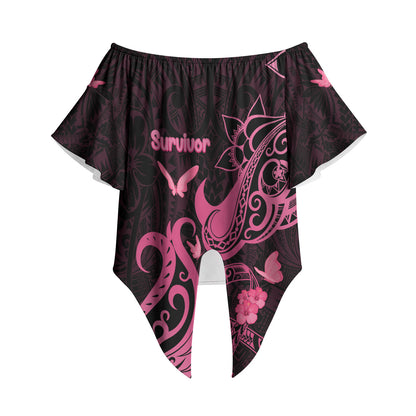 Breast Cancer Off Shoulder Wrap Waist Top Ribbon Polynesian Pattern Black Version