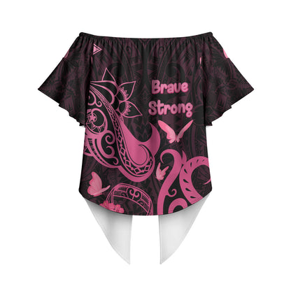 Breast Cancer Off Shoulder Wrap Waist Top Ribbon Polynesian Pattern Black Version