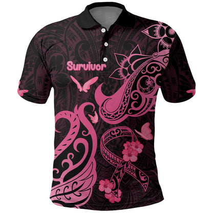 Breast Cancer Polo Shirt Ribbon Polynesian Pattern Black Version