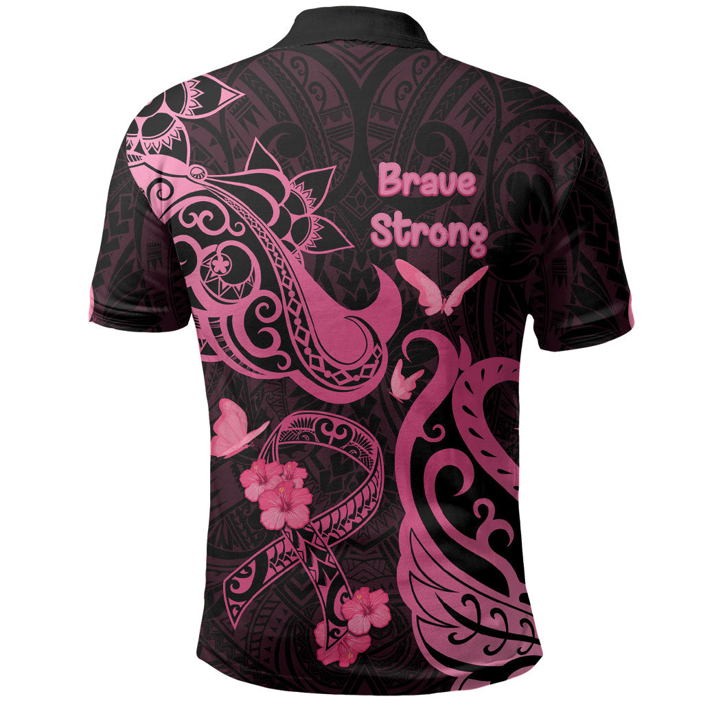 Breast Cancer Polo Shirt Ribbon Polynesian Pattern Black Version