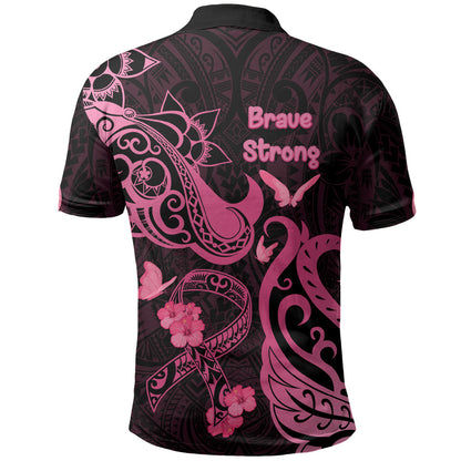Breast Cancer Polo Shirt Ribbon Polynesian Pattern Black Version