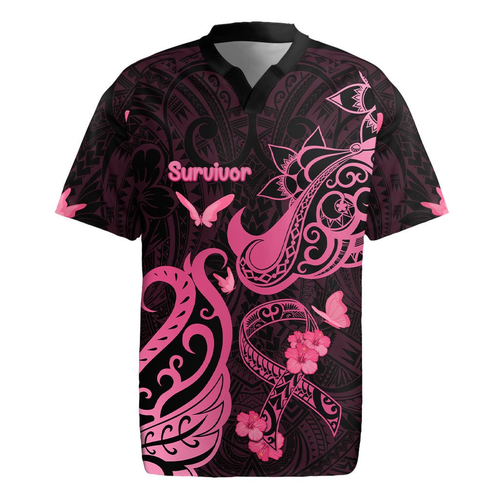 Breast Cancer Rugby Jersey Ribbon Polynesian Pattern Black Version