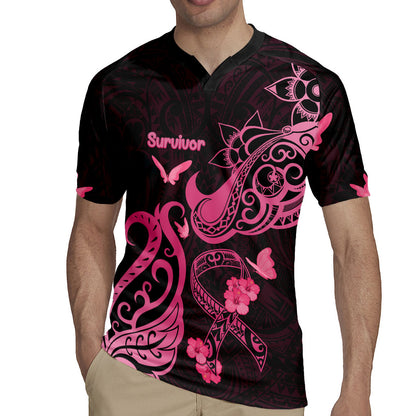 Breast Cancer Rugby Jersey Ribbon Polynesian Pattern Black Version
