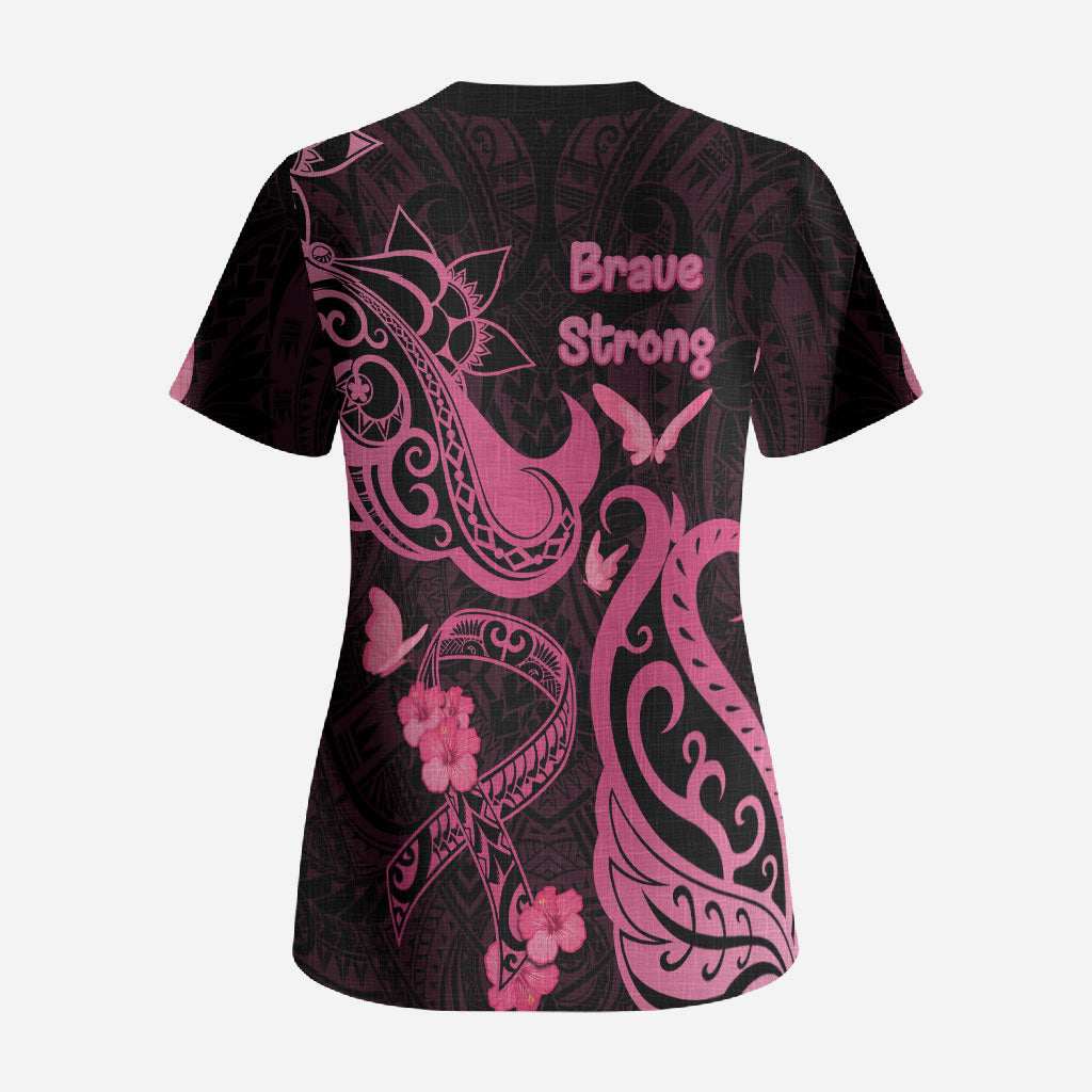 Breast Cancer Scrub Top Ribbon Polynesian Pattern Black Version