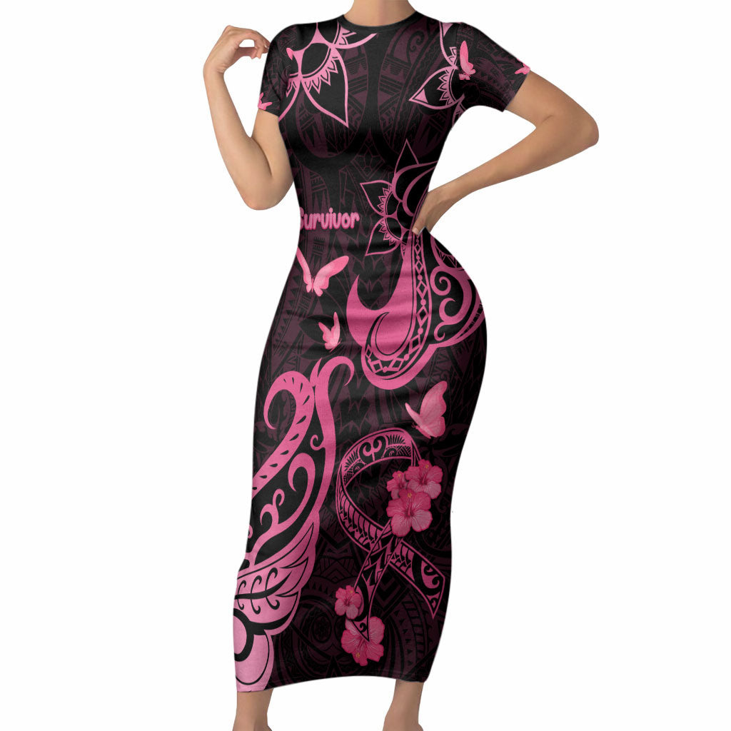 Breast Cancer Short Sleeve Bodycon Dress Ribbon Polynesian Pattern Black Version