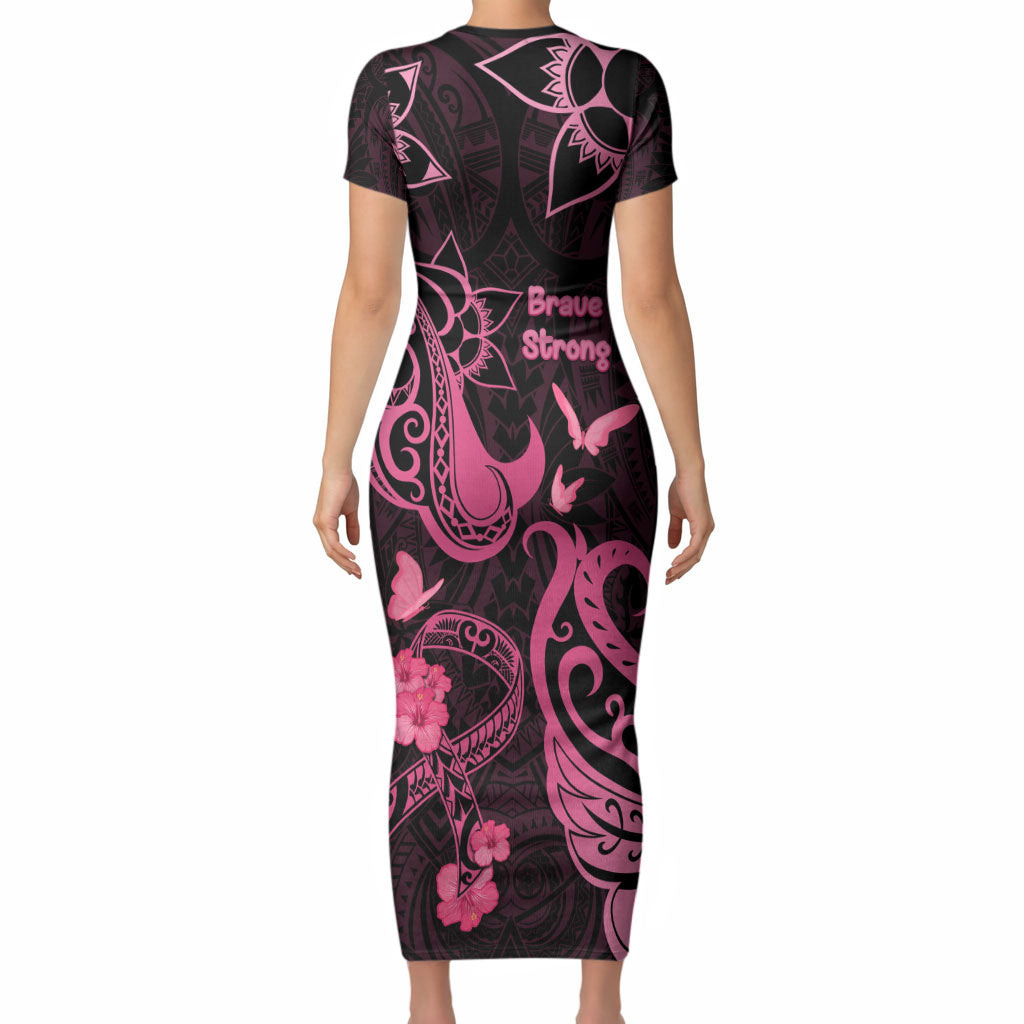 Breast Cancer Short Sleeve Bodycon Dress Ribbon Polynesian Pattern Black Version
