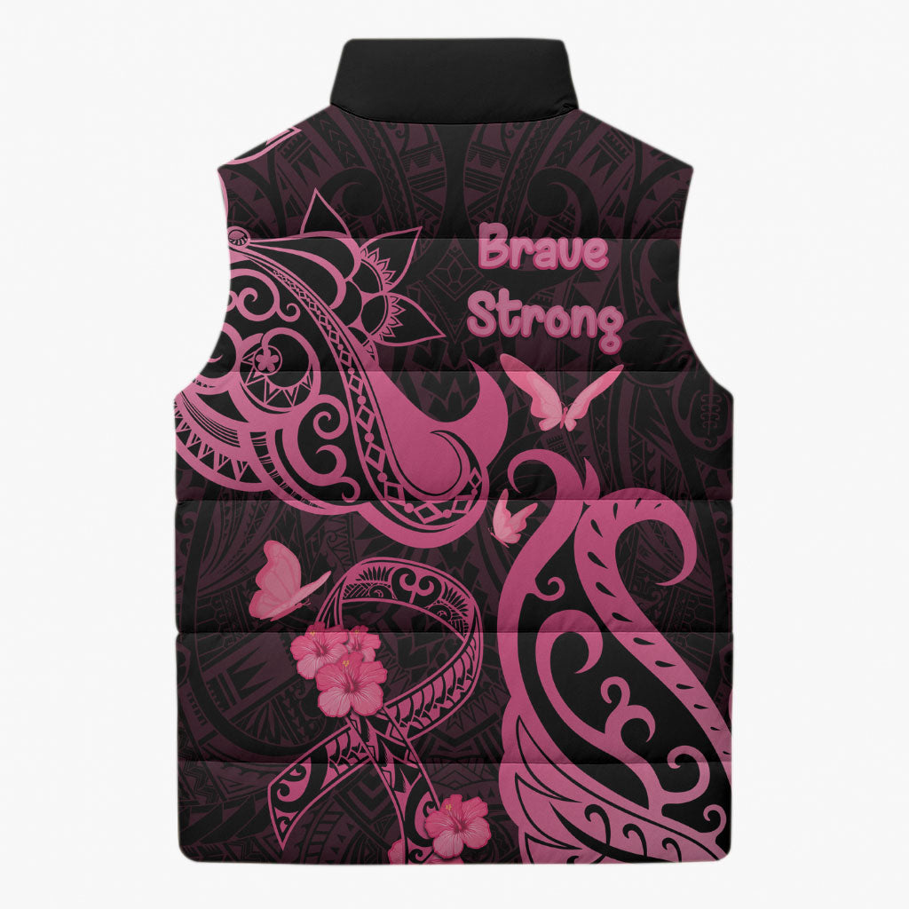 Breast Cancer Sleeveless Puffer Jacket Ribbon Polynesian Pattern Black Version