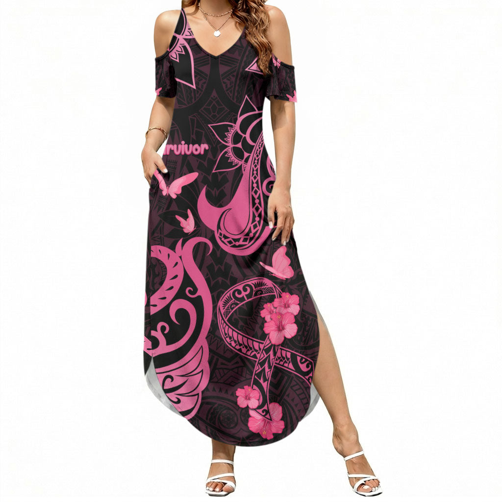 Breast Cancer Summer Maxi Dress Ribbon Polynesian Pattern Black Version