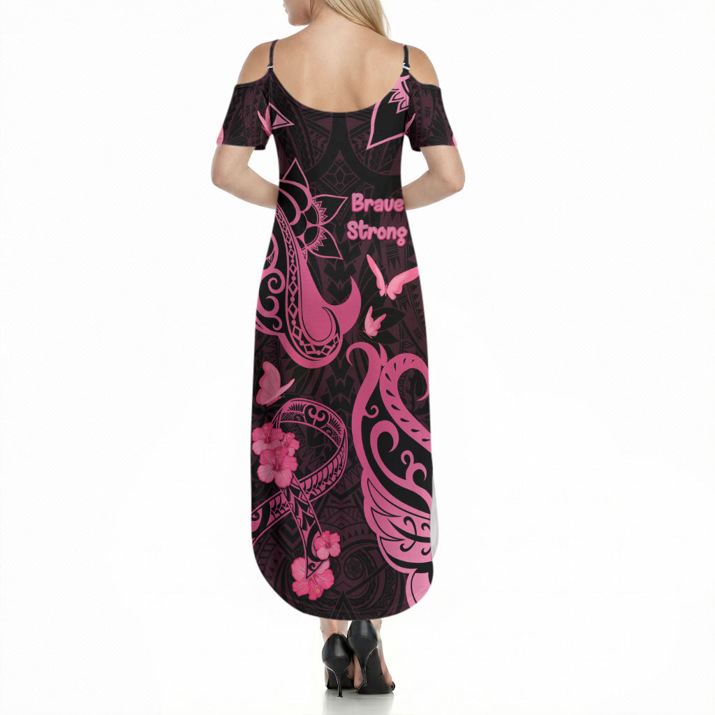 Breast Cancer Summer Maxi Dress Ribbon Polynesian Pattern Black Version