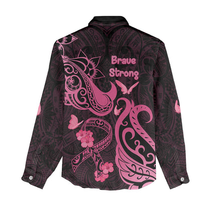 Breast Cancer Women Casual Shirt Ribbon Polynesian Pattern Black Version