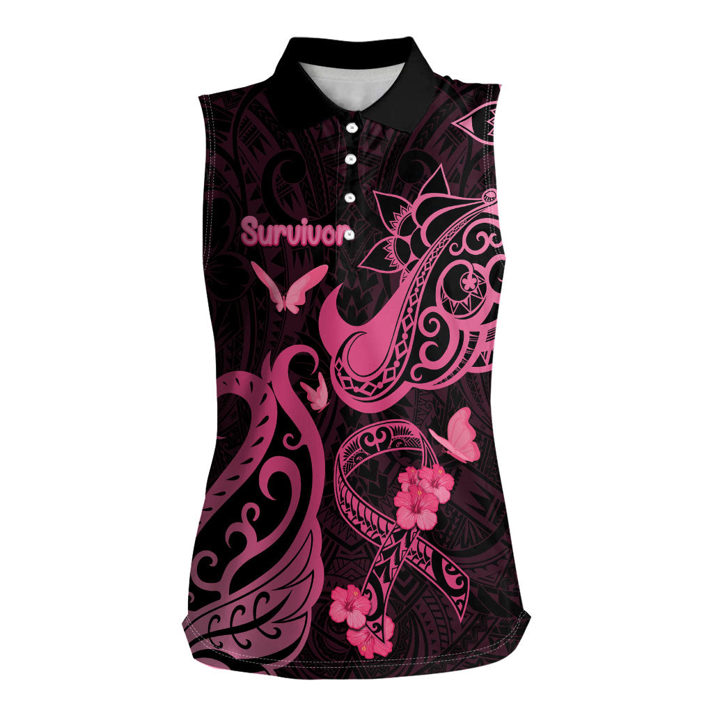 Breast Cancer Women Sleeveless Polo Shirt Ribbon Polynesian Pattern Black Version