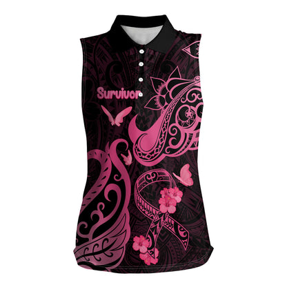 Breast Cancer Women Sleeveless Polo Shirt Ribbon Polynesian Pattern Black Version