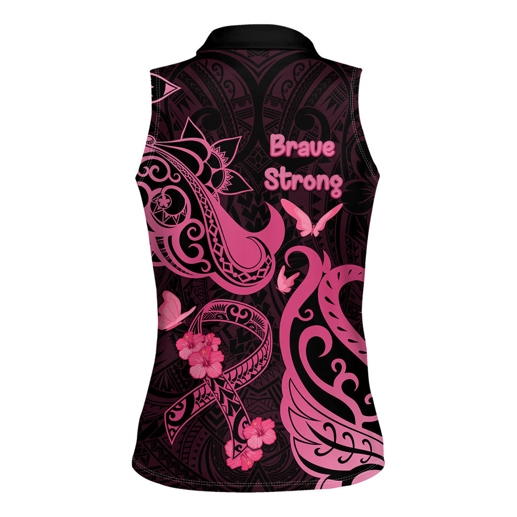 Breast Cancer Women Sleeveless Polo Shirt Ribbon Polynesian Pattern Black Version