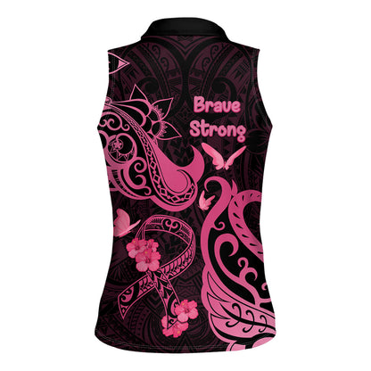 Breast Cancer Women Sleeveless Polo Shirt Ribbon Polynesian Pattern Black Version