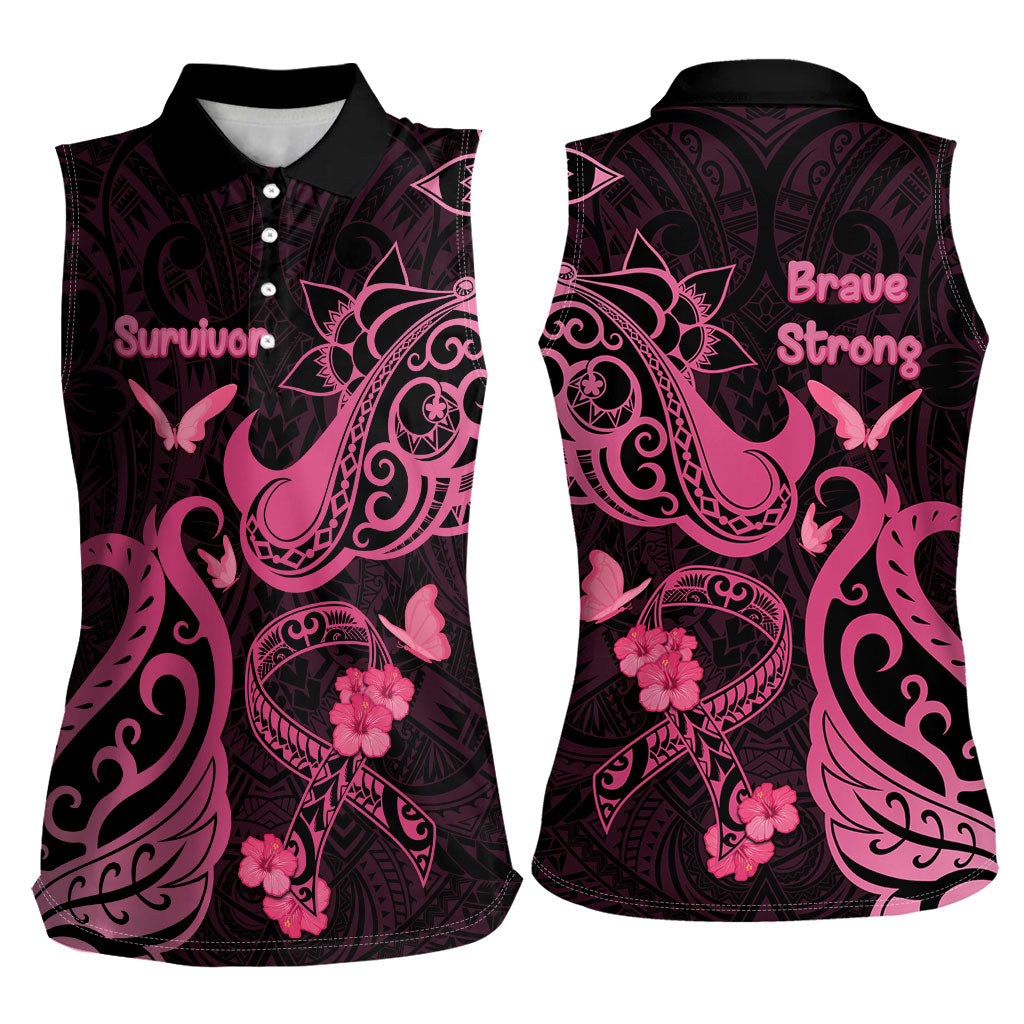 Breast Cancer Women Sleeveless Polo Shirt Ribbon Polynesian Pattern Black Version