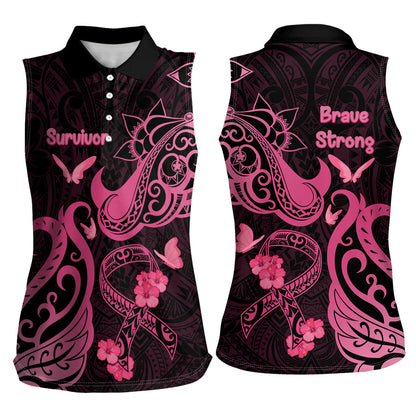 Breast Cancer Women Sleeveless Polo Shirt Ribbon Polynesian Pattern Black Version