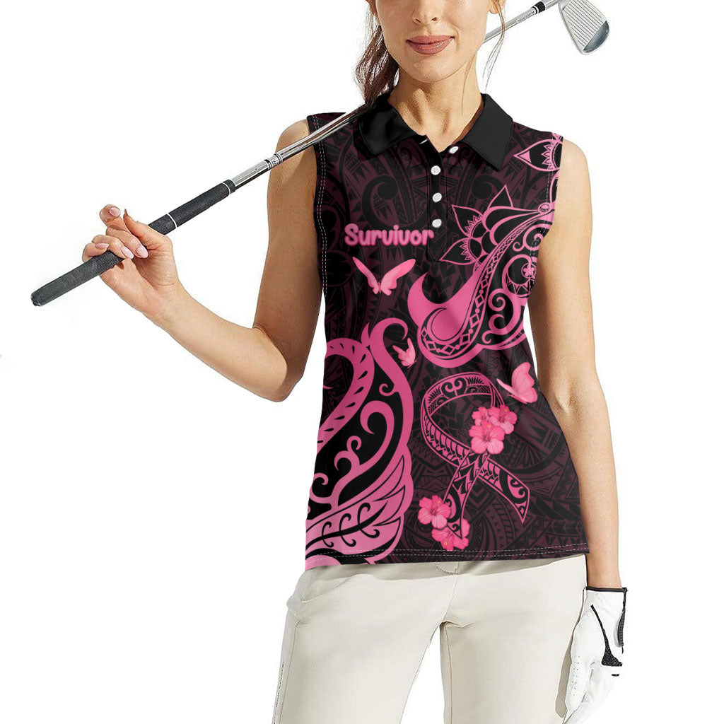 Breast Cancer Women Sleeveless Polo Shirt Ribbon Polynesian Pattern Black Version