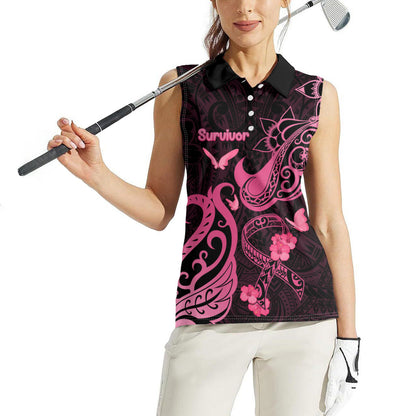 Breast Cancer Women Sleeveless Polo Shirt Ribbon Polynesian Pattern Black Version