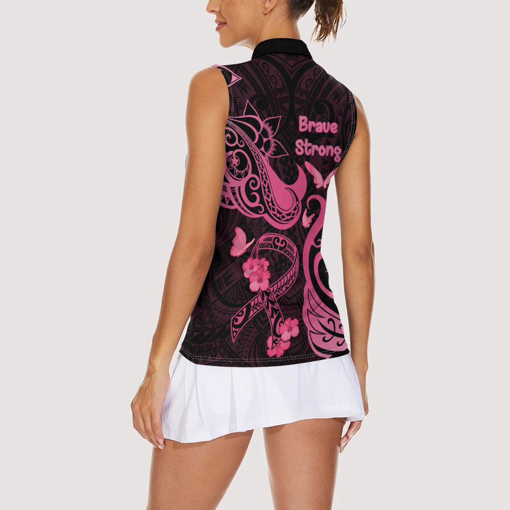 Breast Cancer Women Sleeveless Polo Shirt Ribbon Polynesian Pattern Black Version