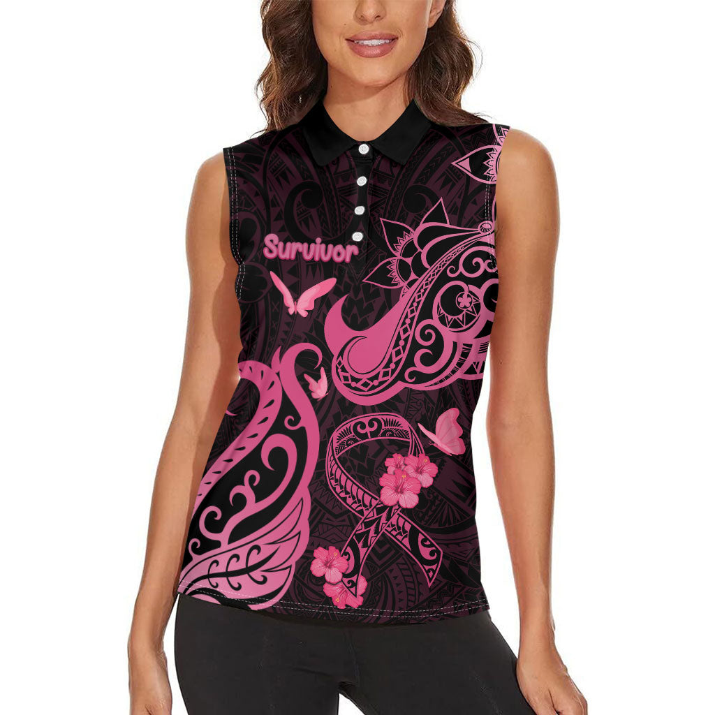 Breast Cancer Women Sleeveless Polo Shirt Ribbon Polynesian Pattern Black Version